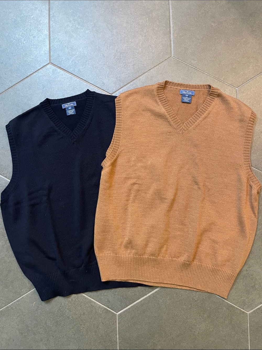 Faconnable Men's Wool V-Neck Sweater Vest Bundle in Black and Camel XL